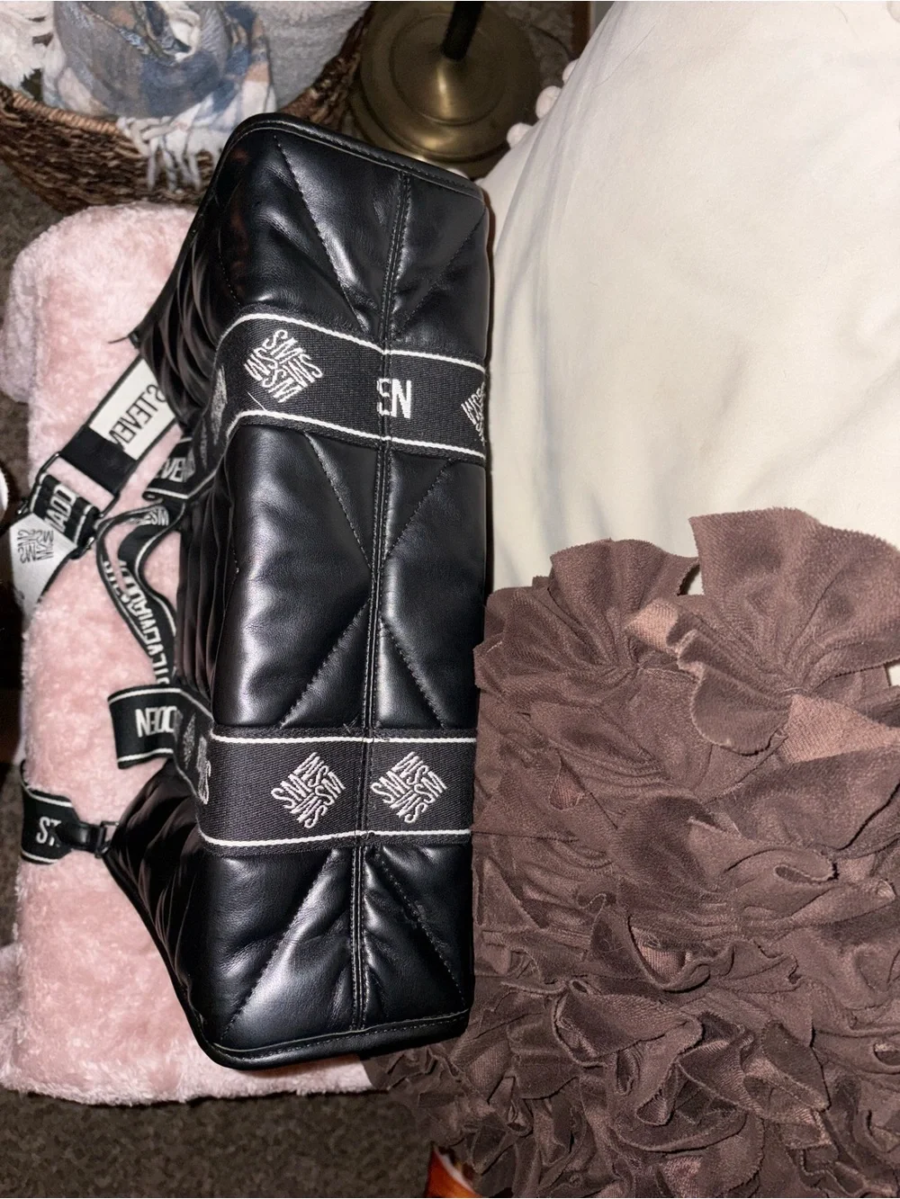 Steve Madden Black Quilted Logo Strap Tote